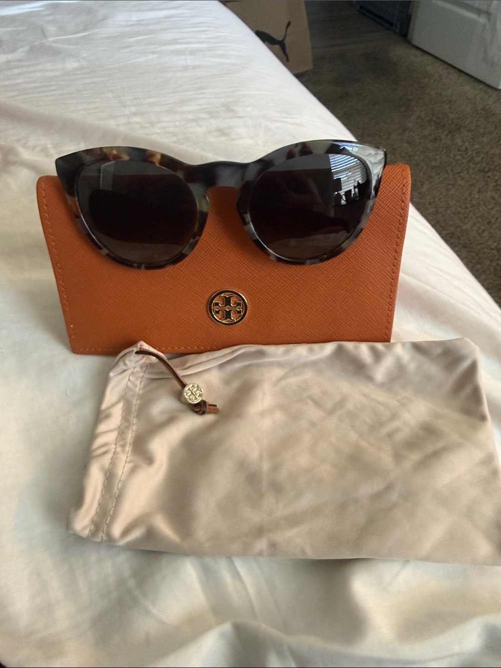 Tory Burch Tortoiseshell Cat-Eye Sunglasses with Orange Case